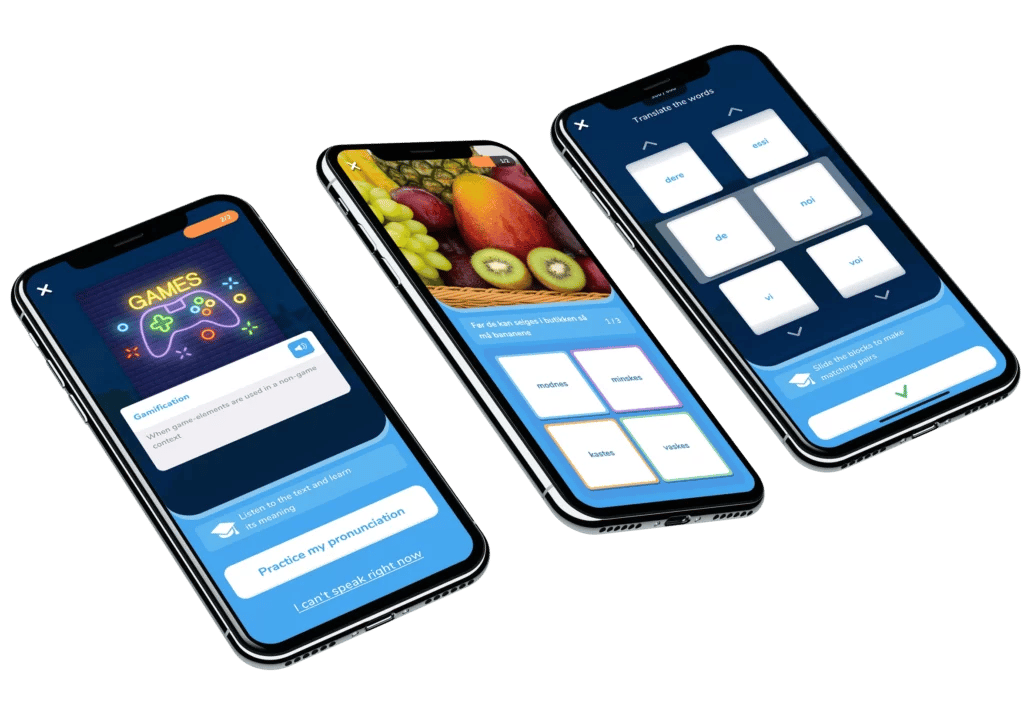Three phones showing different Capeesh lesson stages with gamification features.
