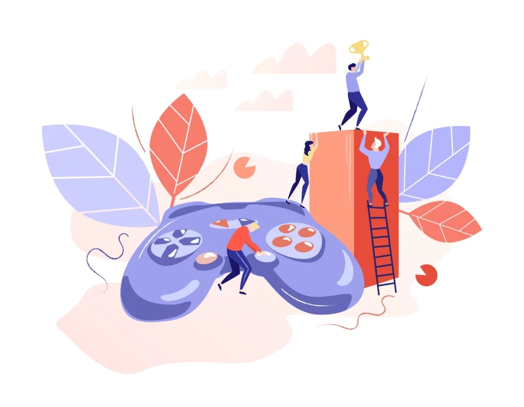 A big game controller with people having fun around it.
