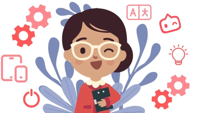 Drawing of a woman (the Lin figure from the Capeesh app) surrounded by cog wheels, light bulb, ipads and a "play" button.